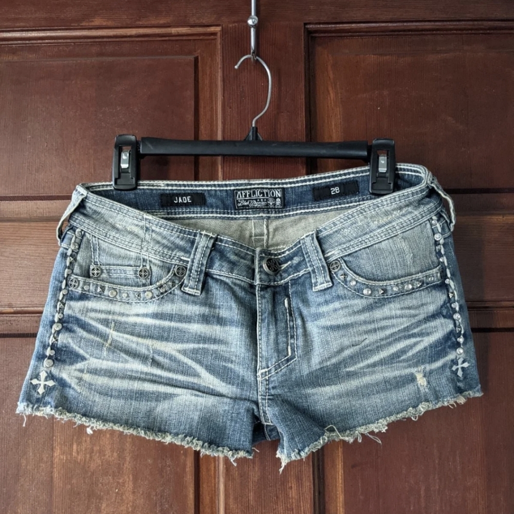Affliction black premium denim shorts, size 28